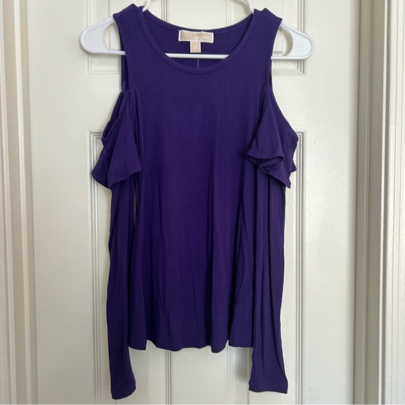 NWT Michael Kors Purple Ribbed Ruffle Cold Shoulder Top - Picture 10 of 16